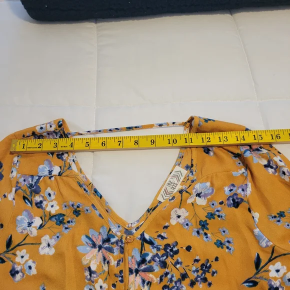 Pink Rose Mustard Floral Button-Front Tie-Hem Blouse - Picture 6 of 9